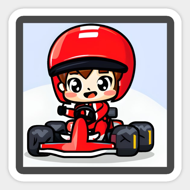 A Go-kart with a Boy in Red Racing Overalls in Kawaii Chibi style Sticker by Elmsleigh Designs